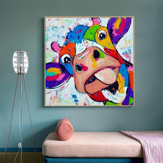 Colourful Cow Head Canvas Wall Art-GraffitiWallArt