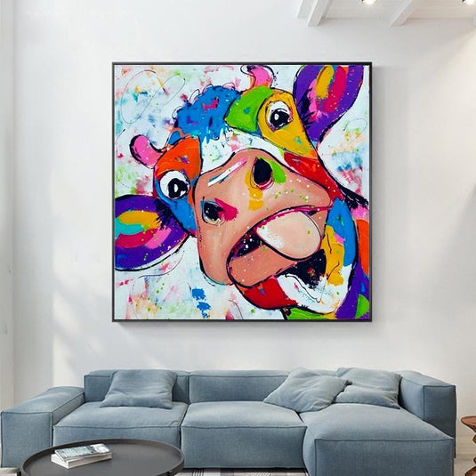 Colourful Cow Head Canvas Wall Art-GraffitiWallArt