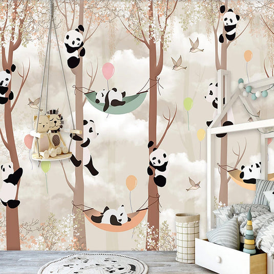 Cute Pandas Hanging on Trees in Forest Nursery Wallpaper-GraffitiWallArt