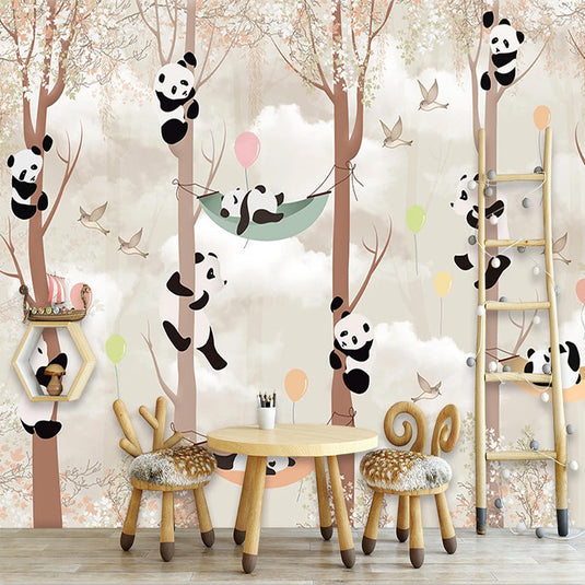 Cute Pandas Hanging on Trees in Forest Nursery Wallpaper-GraffitiWallArt