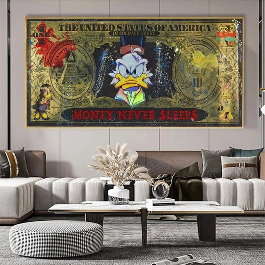 Disney Cartoon Scrooge McDuck Donald Duck Dollars Series Money Never Sleep Canvas Wall Art Poster-GraffitiWallArt