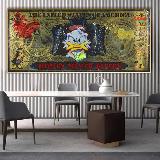 Disney Cartoon Scrooge McDuck Donald Duck Dollars Series Money Never Sleep Canvas Wall Art Poster-GraffitiWallArt