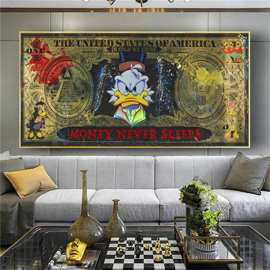 Disney Cartoon Scrooge McDuck Donald Duck Dollars Series Money Never Sleep Canvas Wall Art Poster-GraffitiWallArt