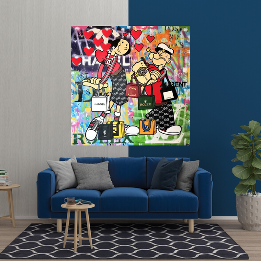 Disney Popeye and Girlfriend Graffiti Canvas Wall Art-GraffitiWallArt