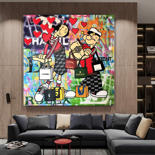 Disney Popeye and Girlfriend Graffiti Canvas Wall Art-GraffitiWallArt