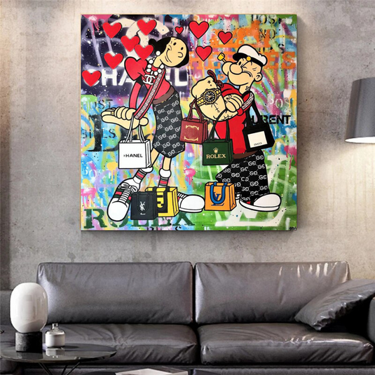 Disney Popeye and Girlfriend Graffiti Canvas Wall Art-GraffitiWallArt