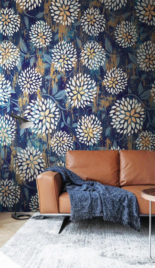 Floral Blues Wallpaper Mural-GraffitiWallArt