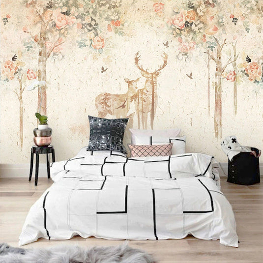 Floral Meadow with Deer - Nature-Inspired Wallpaper-GraffitiWallArt