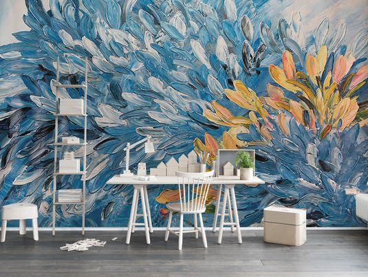 Floral Painting Blue & Gold Wallpaper Murals-GraffitiWallArt