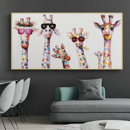 Funny Art Giraffe Family Canvas Wall Art-GraffitiWallArt