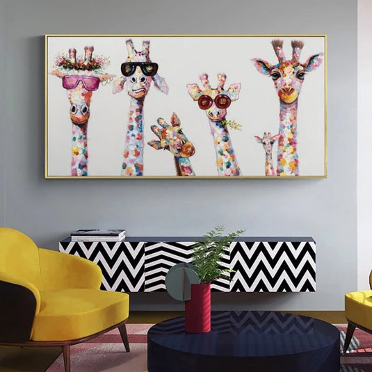 Funny Art Giraffe Family Canvas Wall Art-GraffitiWallArt