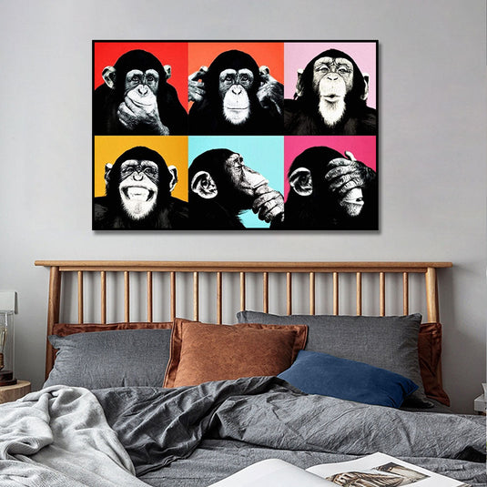 Funny Six Monkeys Abstract Canvas Art-GraffitiWallArt