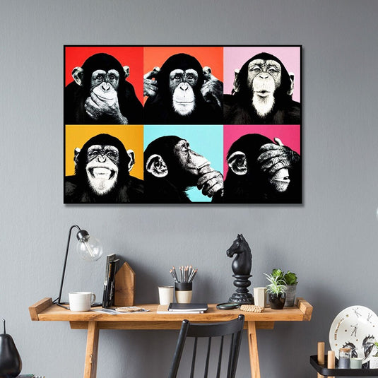 Funny Six Monkeys Abstract Canvas Art-GraffitiWallArt