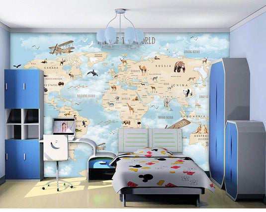 GeoExplorers: Interactive Blue Theme World Map Wallpaper for Kids-GraffitiWallArt