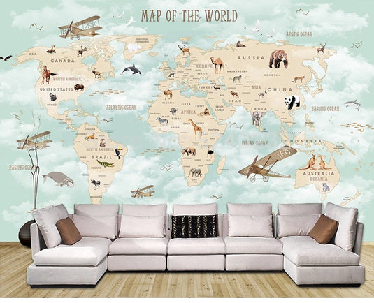 GeoExplorers: Interactive Green Theme World Map Wallpaper for Kids-GraffitiWallArt