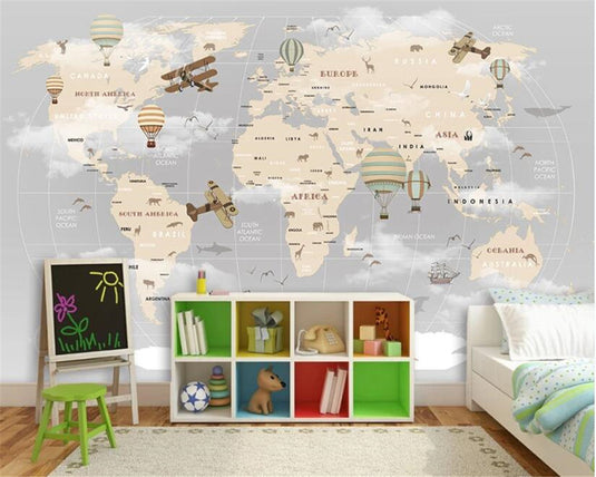 GeoExplorers: Interactive Greyish Theme World Map Wallpaper for Kids-GraffitiWallArt