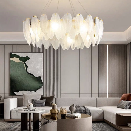 Glass Feather Chandelier: Elegant Lighting Fixture-GraffitiWallArt