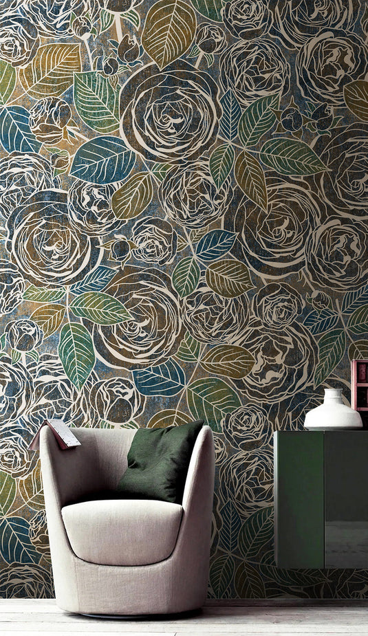 Gold Line Roses Floral Wallpaper Mural-GraffitiWallArt