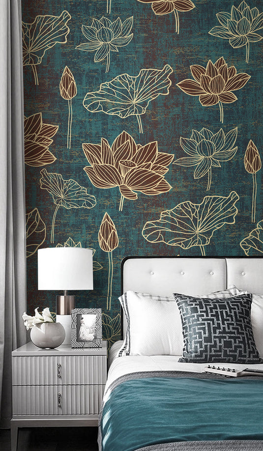 Gold Linear Floral Wallpaper Mural-GraffitiWallArt