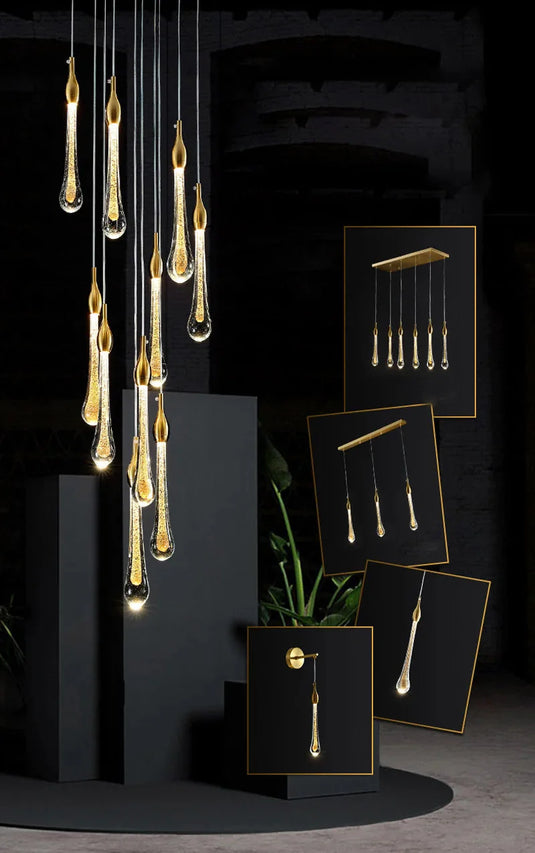 Gold Water Drop Crystal Pendant LED Chandelier Lighting-GraffitiWallArt