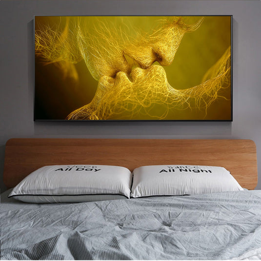 Golden And Black Love Kiss Lips Canvas Wall Art-GraffitiWallArt