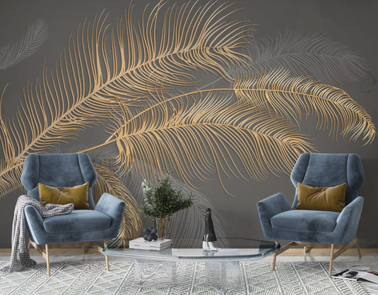 Golden Leaf Wallpaper Mural: Nature-inspired Design-GraffitiWallArt