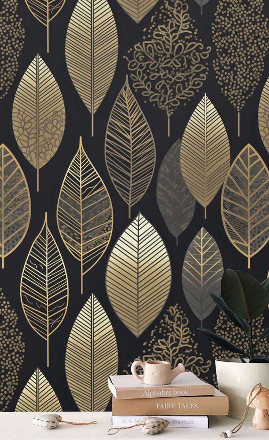 Golden Leafs Pattern Wallpaper Mural-GraffitiWallArt