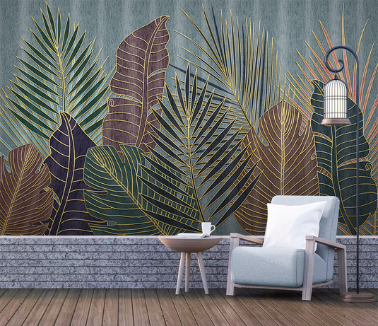 Golden line Leafs Wallpaper Murals-GraffitiWallArt