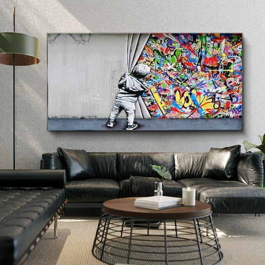 Graffiti Art Boy Behind the Curtain Canvas Wall Art-GraffitiWallArt