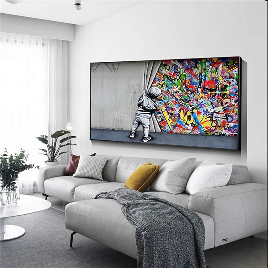 Graffiti Art Boy Behind the Curtain Canvas Wall Art-GraffitiWallArt