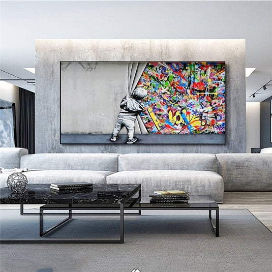 Graffiti Art Boy Behind the Curtain Canvas Wall Art-GraffitiWallArt