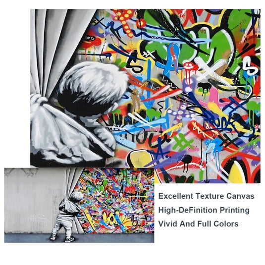 Graffiti Art Boy Behind the Curtain Canvas Wall Art-GraffitiWallArt