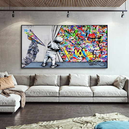 Graffiti Street Art Boy Behind The Curtain Canvas Wall Art-GraffitiWallArt