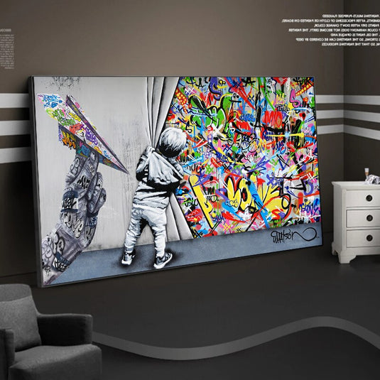 Graffiti Street Art Boy Behind The Curtain Canvas Wall Art-GraffitiWallArt