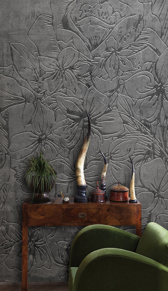 Gray Emboss Florals Wallpaper Mural-GraffitiWallArt