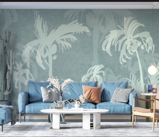 Green Sketch Trace Tree - Coconut Tree Wallpaper Murals-GraffitiWallArt