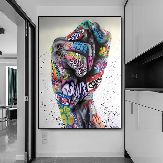 Hand Fist Gesture Graffiti Canvas Wall Art-GraffitiWallArt