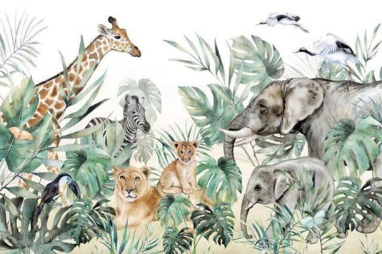 Jungle Friends Gathering Wallpaper Mural-GraffitiWallArt