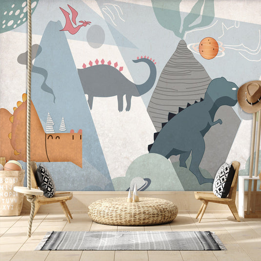 Kids Dino Wallpaper - Transform Their Room with Jurassic Fun-GraffitiWallArt