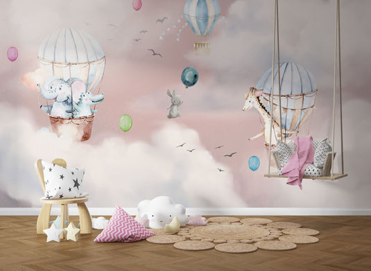 Kids Nursery Wallpaper Mural - Animals on Air Balloon-GraffitiWallArt