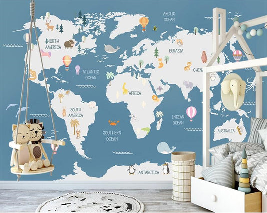 Kids World Map Wallpaper Mural - Educational Wall Decor-GraffitiWallArt