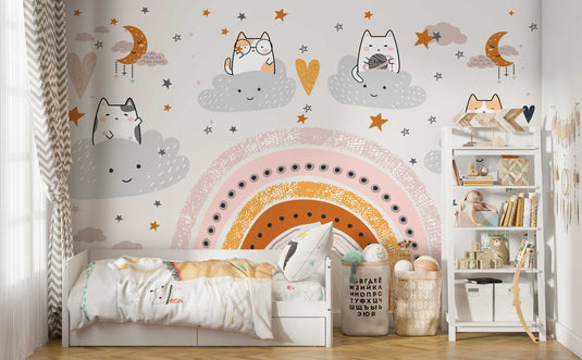 Kitty on Clouds - Girls Room Wallpaper Mural-GraffitiWallArt