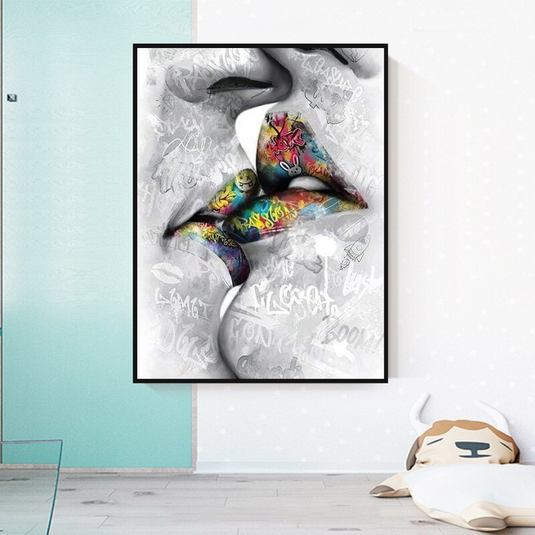 Lovers Kiss, Lips Canvas Wall Art-GraffitiWallArt