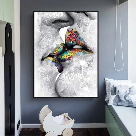 Lovers Kiss, Lips Canvas Wall Art-GraffitiWallArt