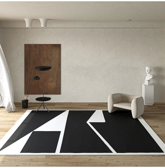 Tapis touffeté abstrait noir et blanc à poils longs