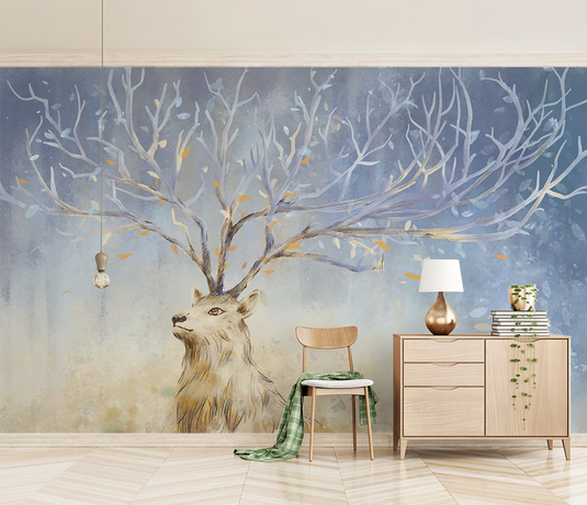 Midnight Reindeer Tree Trunks Wallpaper Mural-GraffitiWallArt