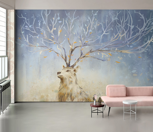 Midnight Reindeer Tree Trunks Wallpaper Mural-GraffitiWallArt