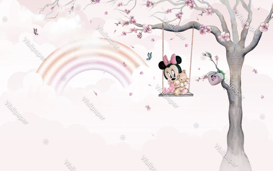 Minnie on Swing - Girls Nursery Wallpaper Mural-GraffitiWallArt