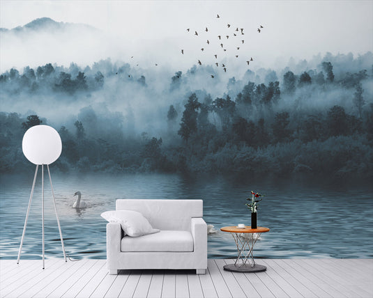 Misty Lake Reflections Wallpaper-GraffitiWallArt