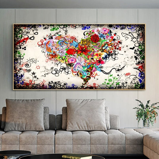 Modern Art Colourful Heart Flowers Canvas Wall Art-GraffitiWallArt